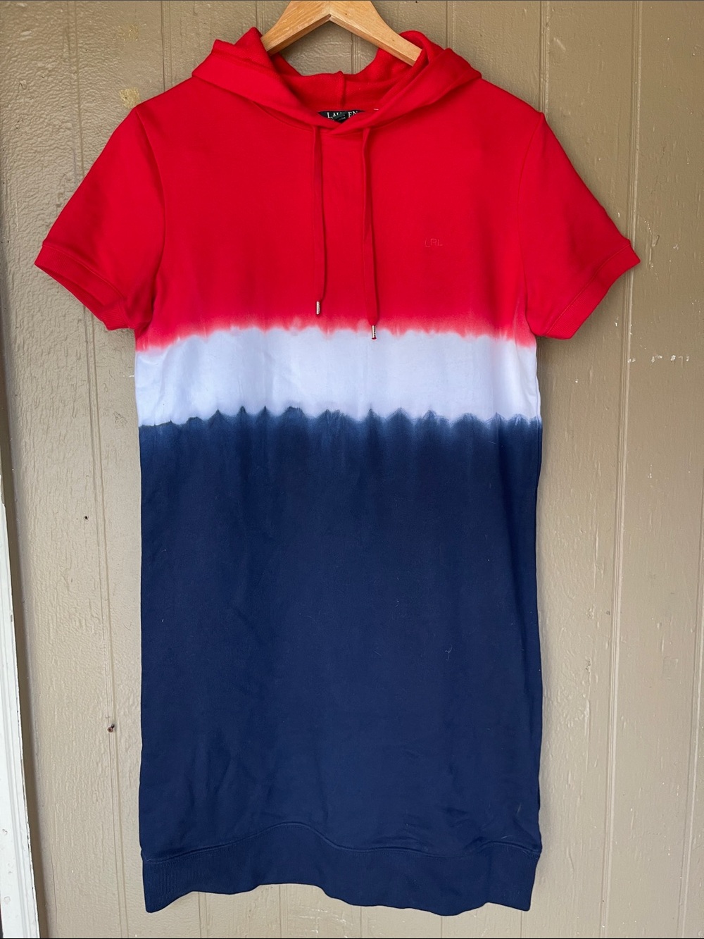 Lauren Ralph Lauren Tie Dye hooded shirt Dress in red , white and navy Size M